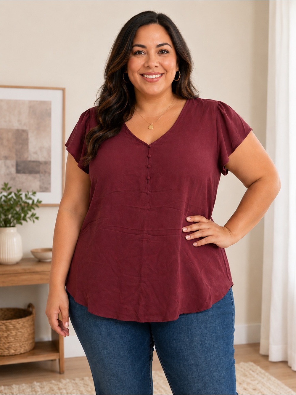 Philosophy Short Sleeve V-Neck Blouse in Burgundy
